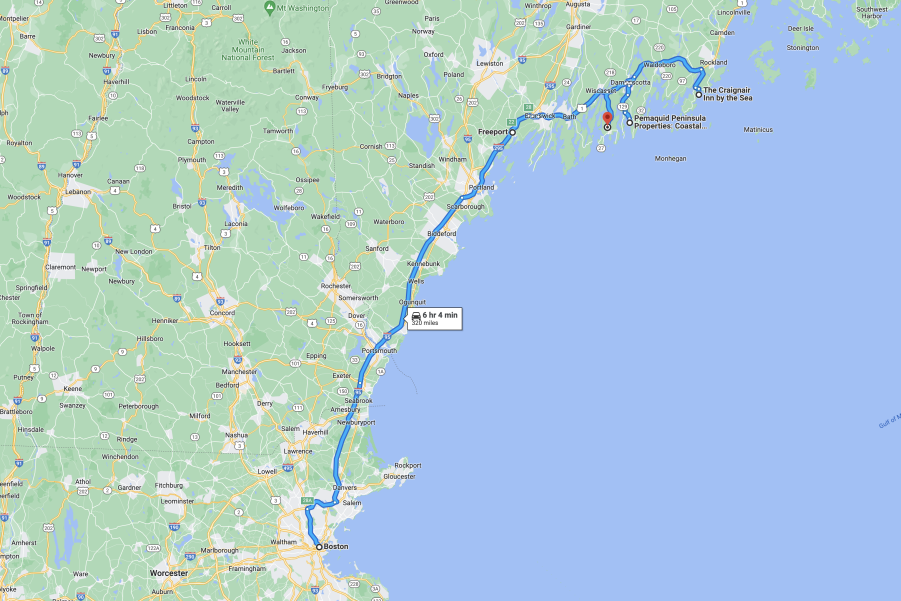 a google maps screenshot of the route for a weekend getaway from Boston to Maine